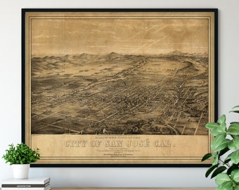 1879 San Jose California Birds Eye View Print - Vintage Map Art, Antique Street Map Print, Aerial View Poster, Historical Art, CA Wall Art