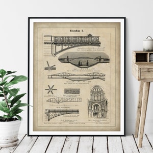1894 Antique Cast Iron Architecture Print: Vintage Landmark Bridge Art