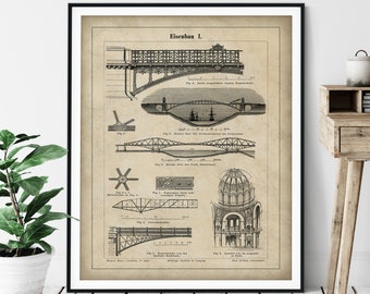 1894 Antique Cast Iron Architecture Print - Vintage Landmark Art, Landmark Print, Bridge Architecture Gift, European Architecture Wall Art