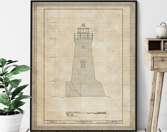 Cockspur Lighthouse Elevation Print - Tybee Island Lighthouse Art, Architectural Drawing, Nautical Wall Decor, Coastal Print, Coastal Art