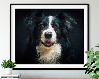 Black & White Border Collie Print, Border Collie Art, Collie Gifts, Dog Portrait, Pet Oil Painting, Dog Lover Gift, Living Room Wall Art