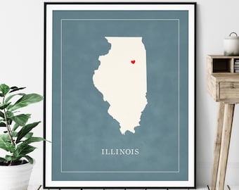 Custom Illinois Map Art - Heart Over ANY City - Customized State Map Silhouette, Personalized Gift, Hometown Love Print, Travel Heart Map