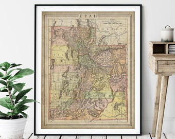 1897 Utah Map Print, Vintage Map Art, Antique Map, Old Map, Utah Wall Art, Utah Art, Utah Print, Utah Gift, Utah County Map, State Map