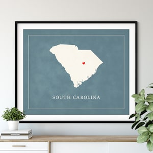 Art de carte personnalisé de Caroline du Sud, coeur sur n'importe quelle ville, silhouette de carte d'état personnalisée, cadeau personnalisé, ville natale amour impression voyage carte coeur