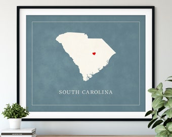 Custom South Carolina Map Art, Heart Over ANY City, Customized State Map Silhouette, Personalized Gift, Hometown Love Print Travel Heart Map