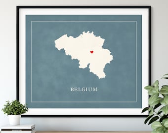 Custom Belgium Map Art - Heart Over ANY City - Customized Country Map Silhouette, Personalized Gift, Hometown Love Print, Travel Heart Map