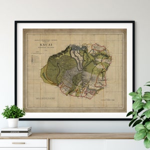 Impression de carte de Kauai 1906, art de la carte vintage, carte ancienne, carte ancienne, art de la carte de Kauai, cadeau de Kauai, impression de Kauai, art de Kauai, Kona, côte de Napali, Waimea