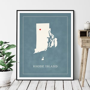 Art de carte personnalisé du Rhode Island, coeur sur n'importe quelle ville, silhouette de carte d'état personnalisée, cadeau personnalisé, impression amour ville natale, carte coeur de voyage