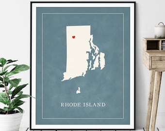 Custom Rhode Island Map Art, Heart Over ANY City, Customized State Map Silhouette, Personalized Gift, Hometown Love Print, Travel Heart Map