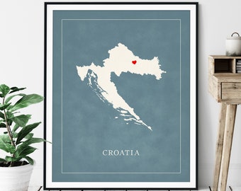 Custom Croatia Map Art - Heart Over ANY City - Customized Country Map Silhouette, Personalized Gift, Hometown Love Print Travel Heart Map