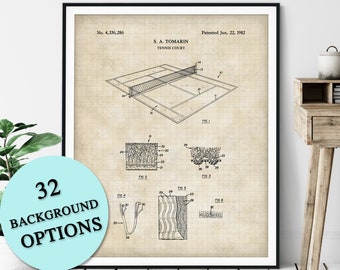 Tennis Court Patent Print - Customizable Tennis Blueprint Plan, Tennis Player Gift, Tennis Art Poster, Home Gym Wall Decor, Game Room Art