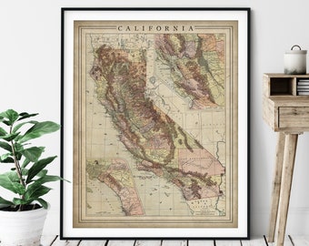 1897 California Map Print, Vintage Map Art, Antique Map, Old Maps, California Wall Art, California Art, California Print, Gift, County Map