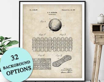 Tennis Ball Patent Print - Customizable Tennis Blueprint Plan, Tennis Player Gift, Tennis Art Poster, Home Gym Wall Decor, Game Room Art