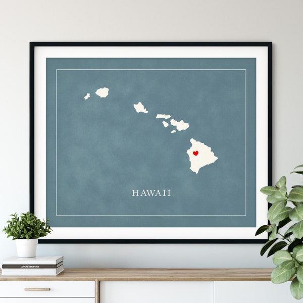 Custom Hawaii Map Art - Heart Over ANY City - Customized State Map Silhouette, Personalized Gift, Hometown Love Print, Travel Heart Map