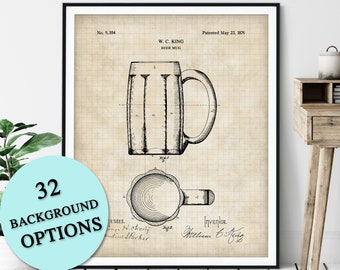 Beer Mug Patent Print - Customizable Beer Stein Patent, Beer Gift, Beer Poster, Bar Decor, Beer Art, Craft Beer Drinker Gift, Sports Bar Art