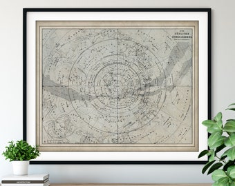 1870 Southern Celestial Hemisphere Star Map, Vintage Constellation Map Art, Antique Night Sky Map Print, Old Astronomy Poster Astrology Gift