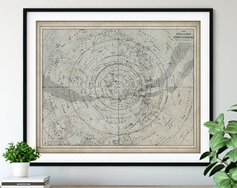 1870 Southern Celestial Hemisphere Star Map, Vintage Constellation Map Art, Antique Night Sky Map Print, Old Astronomy Poster Astrology Gift