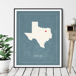 Custom Texas Map Art - Heart Over ANY City - Customized State Map Silhouette, Personalized Gift, Hometown Love Print, Travel Heart Map