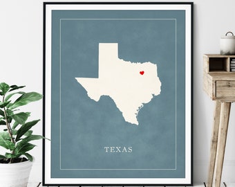 Custom Texas Map Art - Heart Over ANY City - Customized State Map Silhouette, Personalized Gift, Hometown Love Print, Travel Heart Map