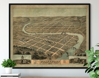 1871 Frankfort Kentucky Birds Eye View Print - Vintage Map Art, Antique Map Print, Aerial View Poster, Historical Art, Street Map Wall Art