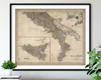 1874 Lower Italy Map Print - Vintage Sicily Map Art, Antique Map, Old Map Poster, Sicilia Wall Art, Pompeii Vesuvius Crater, Campania