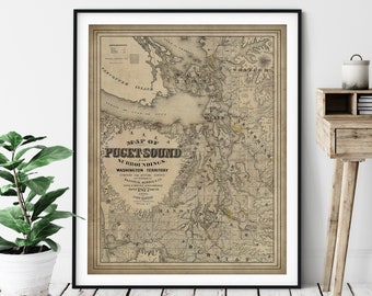 1877 Puget Sound Map Print, Vintage Map Art, Antique Washington Map, Old Map, Puget Sound Print, Puget Sound Art, History Gifts