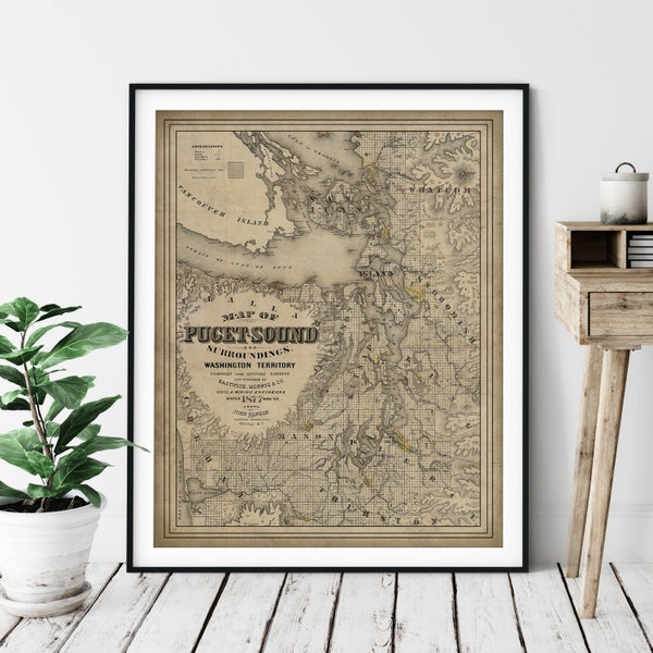 1877 Puget Sound Map Print, Vintage Map Art, Antique Washington Map, Old Map, Puget Sound Print, Puget Sound Art, History Gifts