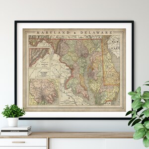 1897 Maryland Map Print, vintage Delaware Map Art, Antique Map, Old Map, County Map Wall Art, State Map, Maryland Art, Delaware Print, Gift