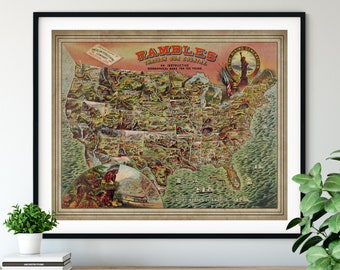 1890 United States Game Map Print, Vintage Map Art, Antique US Map, Old Map, USA Pictorial Map, Animal Map, American Landmark Map, USA Art