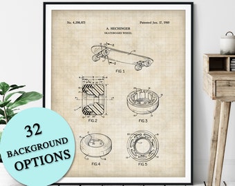 Skateboard Wheel Print - Customizable Skateboard Blueprint, Skateboard Art Poster, Skateboarder Gift, Skateboarding Wall Decor, Skater Gift