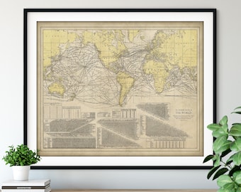 1924 World Steamship Route Map Print - Vintage Map Art, Antique Map Wall Art, Old Map Poster, Sailing Gift, Steamboat Nautical Chart Steamer