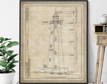 Sandy Hook Lighthouse Elevation Print - Lighthouse Art, Architectural Drawing, Nautical Wall Decor, Coastal Print, Jersey Shore Print, Gift