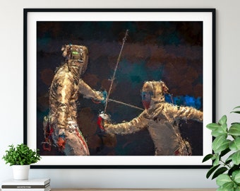 Fencing Print - "En Garde" - Fencer Gift, Oil Painting Poster,  Fencing Wall Decor, Fencing Artwork, Game Room Wall Art, Home Office Art