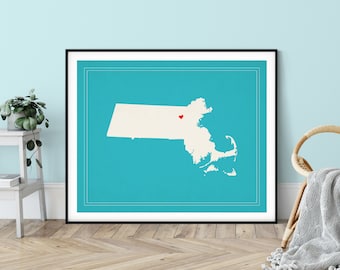 Custom Massachusetts Art, Boson MA State Art, Customized State Map Art, Heart Map Print, Massachusetts Map, Massachusetts Print,