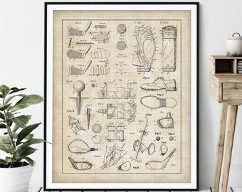 Golf Collage Print - Customizable Golf Club Blueprint, Golfer Gift, Golf Patent Poster, Golf Equipment Chart, Office Wall Decor, Golf Ball