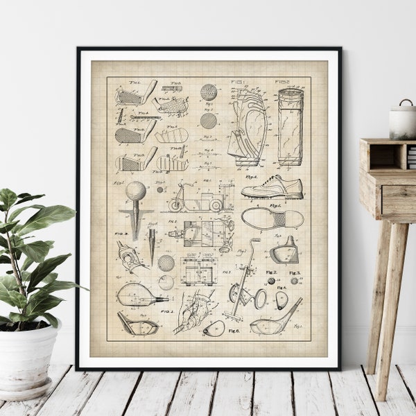 Golf Collage Print - Customizable Golf Club Blueprint, Golfer Gift, Golf Patent Poster, Golf Equipment Chart, Office Wall Decor, Golf Ball