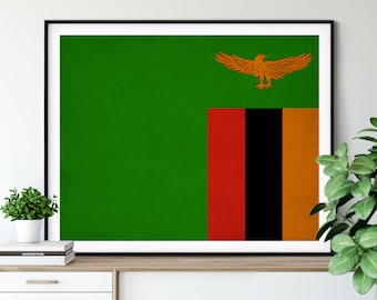 Zambia Flag Art, Zambia Flag Print, Vintage Flag Poster, Country Flags, Flag Painting, Wall Decor, African Flags, Living Room Wall Art, Gift