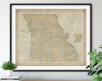 1897 Missouri Map Print, Vintage Map Art, Antique Map, Old Map, County Map Wall Art, State Map, Missouri Art, Missouri Print, Housewarming
