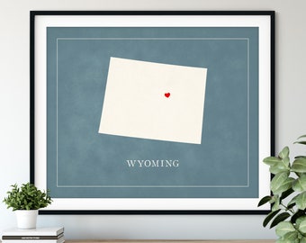 Custom Wyoming Map Art - Heart Over ANY City - Customized State Map Silhouette, Personalized Gift, Hometown Love Print, Travel Heart Map