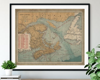 1915 Atlantic Canada Mapa Impresión, Costa Mapa de Vela, Impresión faro, Vintage Mapa Arte, Mapa Antiguo, Mapa Viejo, Carta Náutica, Regalo de Vela