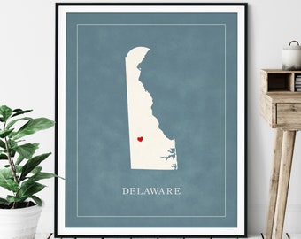 Custom Delaware Map Art - Heart Over ANY City - Customized State Map Silhouette, Personalized Gift, Hometown Love Print, Travel Heart Map