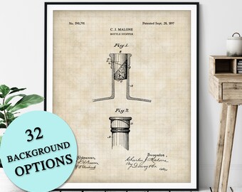 Bottle Stopper Print - Customizable Wine Cork Patent, Wine Lover Gift, Liquor Poster, Bar Cart Decor, Champagne Art, Wine Art, Wine Print