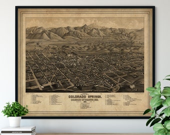 1882 Colorado Springs Birds Eye View Print - Manitou Wall Art, Vintage Map Art, Antique Street Map Print, Aerial View Poster, Historical Art