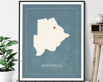 Custom Botswana Map Art - Heart Over ANY City - Customized Country Map Silhouette, Personalized Gift, Hometown Love Print, Travel Heart Map