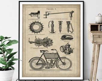 1894 Antique Motorcycle Parts Print, Vintage German Motorcycle Art, Biker Gift, Motorcycle Wall Art, Motorcycle Poster Motorcycle Wall Decor