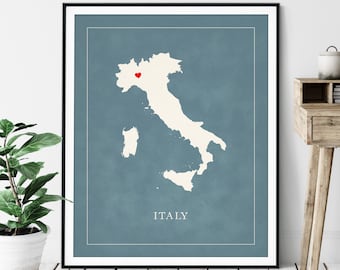 Custom Italy Map Art - Heart Over ANY City - Customized Country Map Silhouette, Personalized Gift, Hometown Love Print, Travel Heart Map