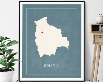 Custom Bolivia Map Art - Heart Over ANY City - Customized Country Map Silhouette, Personalized Gift, Hometown Love Print, Travel Heart Map