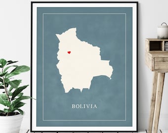 Custom Bolivia Map Art - Heart Over ANY City - Customized Country Map Silhouette, Personalized Gift, Hometown Love Print, Travel Heart Map