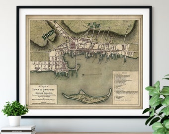 1777 Newport RI Map Print - Vintage Rhode Island Map Art, Antique Street Map, Old Map Poster, City Plan, Goat Island, Thames St, Broad St