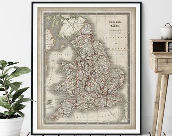 1844 England & Wales Map Print - Vintage Map Art, Antique Map, Old Map Poster, History Buff Gift, English Wall Art, Isle of Man, Pembroke